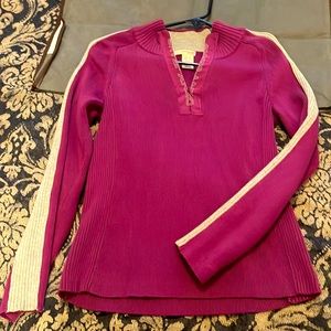 DKNY Jeans sweater, size small. Fuscia w a gray stripe & v-neck w a zipper.